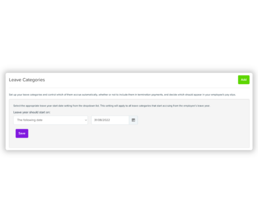 Leave Categories setup window with a dropdown displaying leave categories such as 'Fast Food Industry Award 2010', 'Hospitality Industry Award 2020', and 'Restaurant Industry Award 2020', alongside options to configure leave settings.