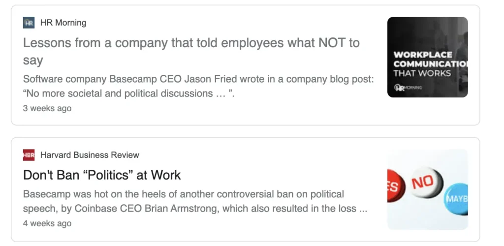 Screenshot of Basecamp's latest headlines on google news