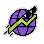 A purple globe icon wearing sunglasses, with a green upward-trending line graph across it.