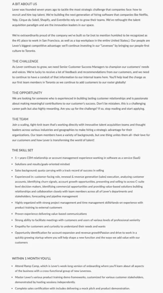 The image is a text document detailing a job role at Lever. It outlines the company's mission, challenges, opportunities, team dynamics, required skills, and onboarding process.