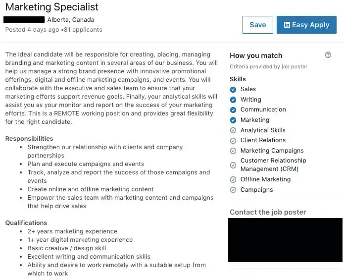 Job listing for Marketing Specialist in Alberta, Canada. Responsibilities include marketing campaigns and client relations. Skills list includes sales and communication.