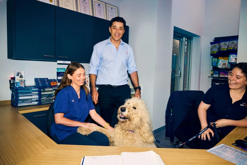 Three smiling co-workers  and a dog.