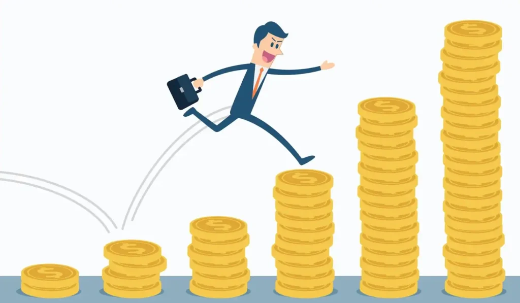 Illustration of a man jumping from a lower to higher stack of coin