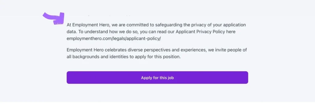 Apply for this job section with privacy notice and inclusion message. Purple apply button and website links below.