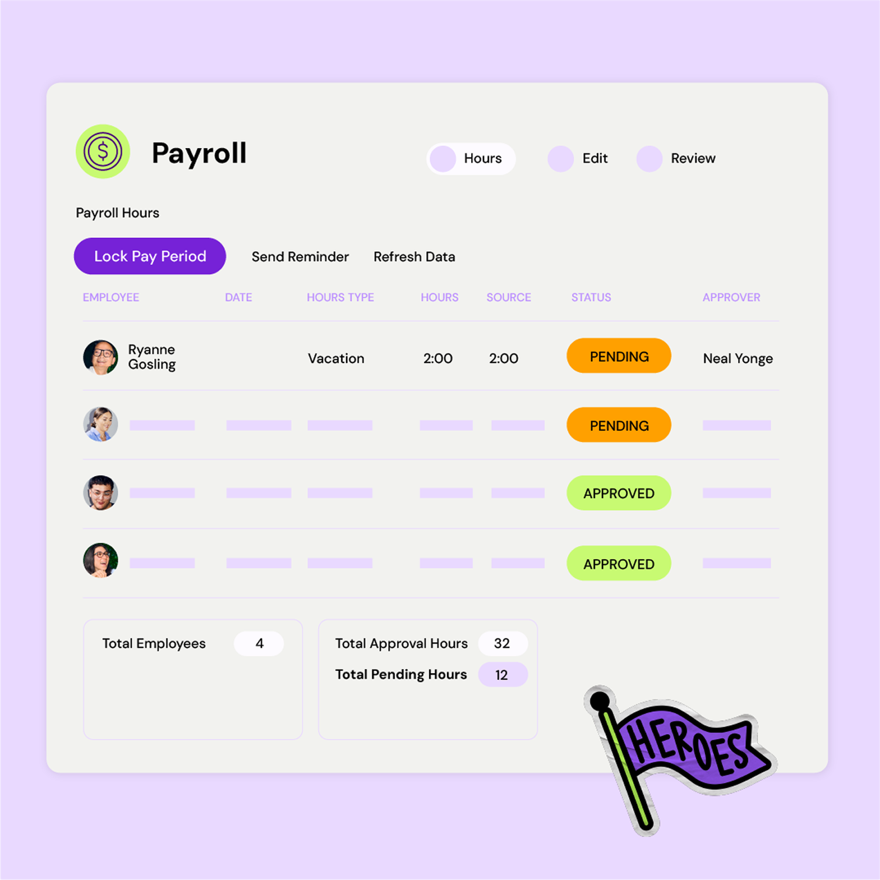 A mockup of the Employment Hero payroll dashboard displaying employee hours with pending and approved statuses, illustrating how people data connects seamlessly to payroll software to eliminate duplicate data entry.