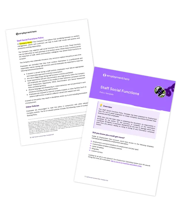 CA Staff Social Functions Policy Template by Employment Hero