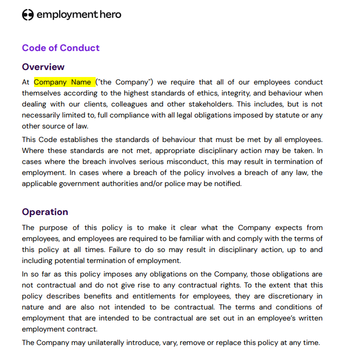 A screenshot of the code of conduct policy template.