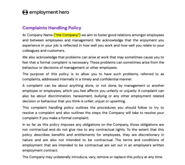 Complaints Handling Policy Template for Canadian Workplaces