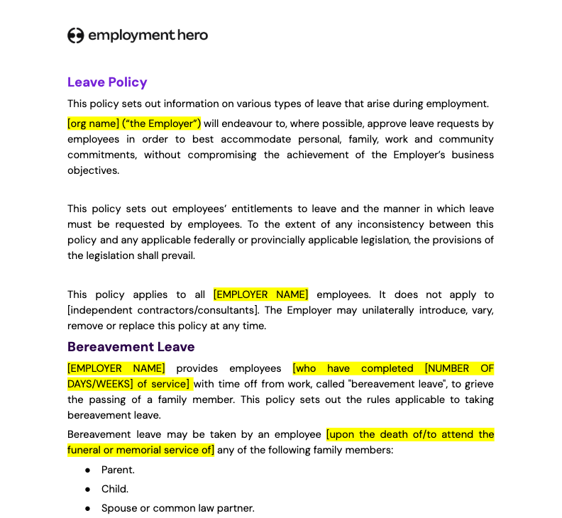 Leave policy template preview.