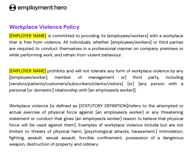 A screenshot of work violence policy.