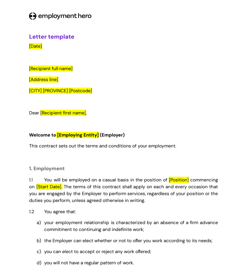 Casual employee contract template preview