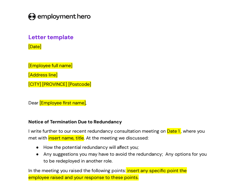 Redundancy notice letter template preview