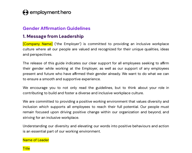 Gender affirmation policy template preview