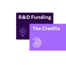 Purple and lavender rectangles with "R&D Funding" and "Tax Credits" text. Light bulb and coin stack icons represent innovation and savings. Black background.