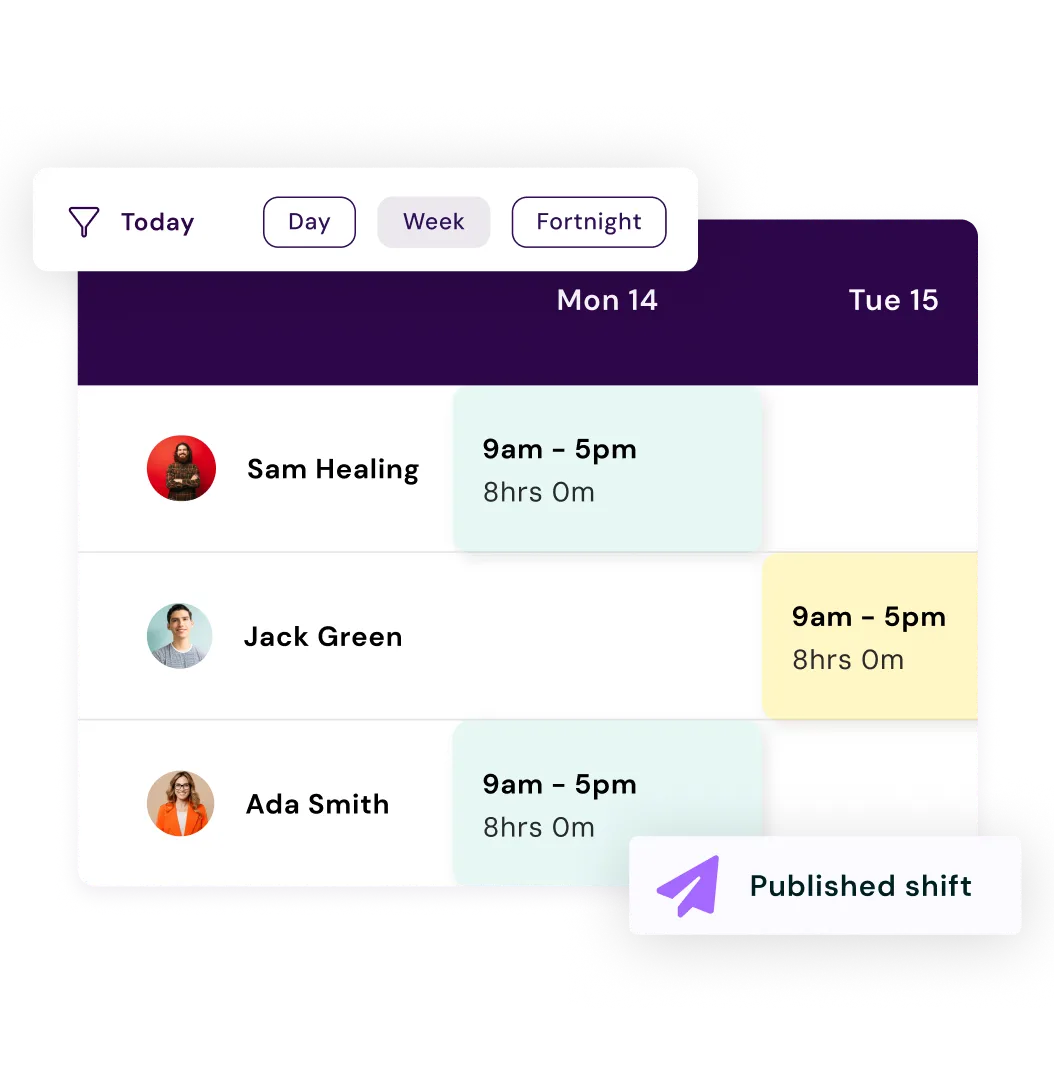 Work schedule showing employee shifts for the week