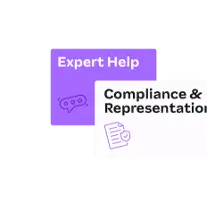Purple and white boxes on a black background. The purple box reads "Expert Help" with a chat icon. The white box says "Compliance & Representation" with a document icon.