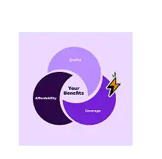 Three intersecting circles on a purple background labeled Quality, Affordability, and Coverage with "Your Benefits" in the center. A lightning bolt icon is on the right.