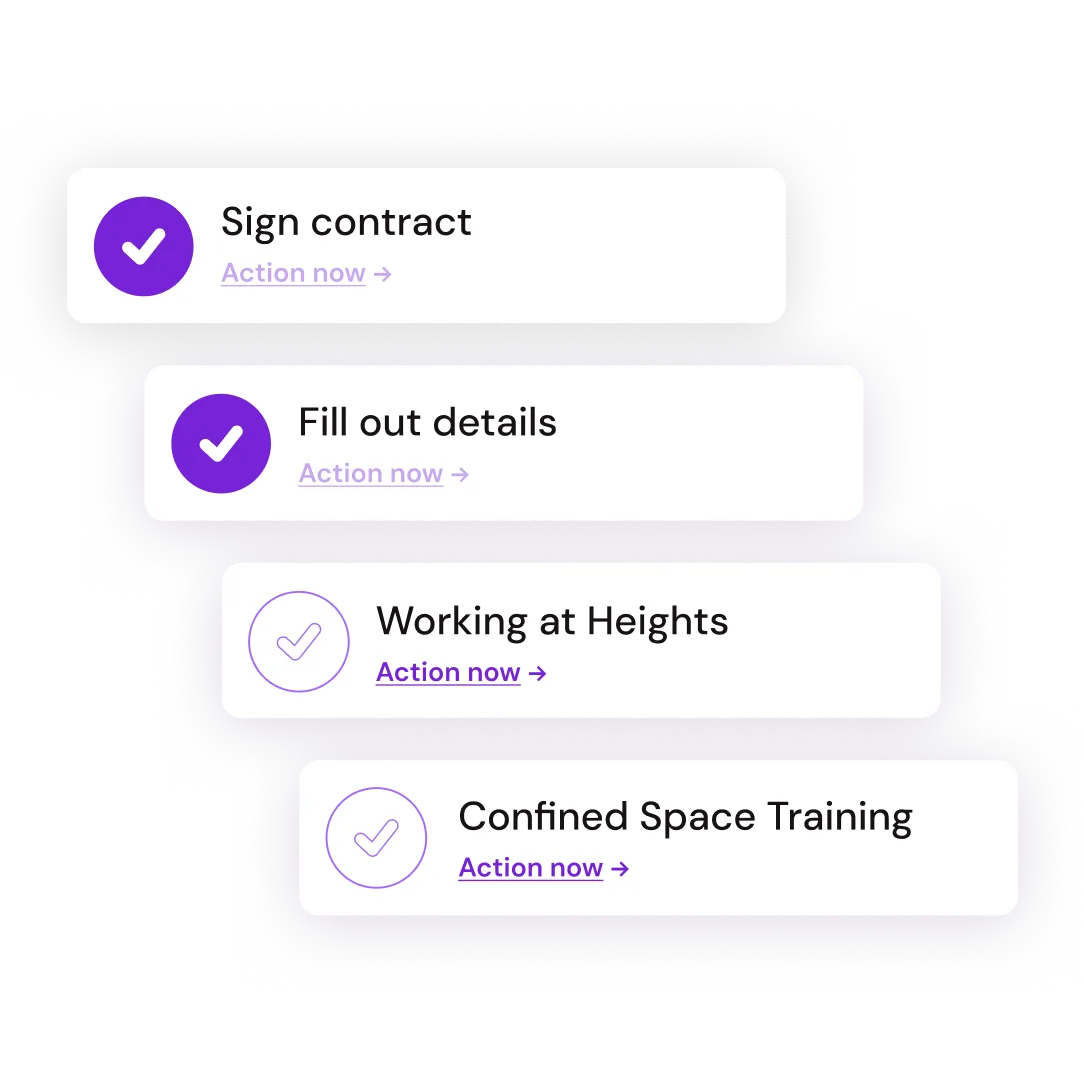 Employee onboarding task checklist with contract signing and training steps.