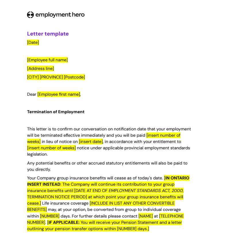 Termination Letter template preview