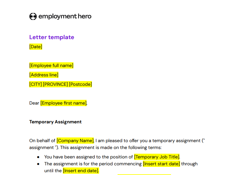 Temporary assignment letter template preview