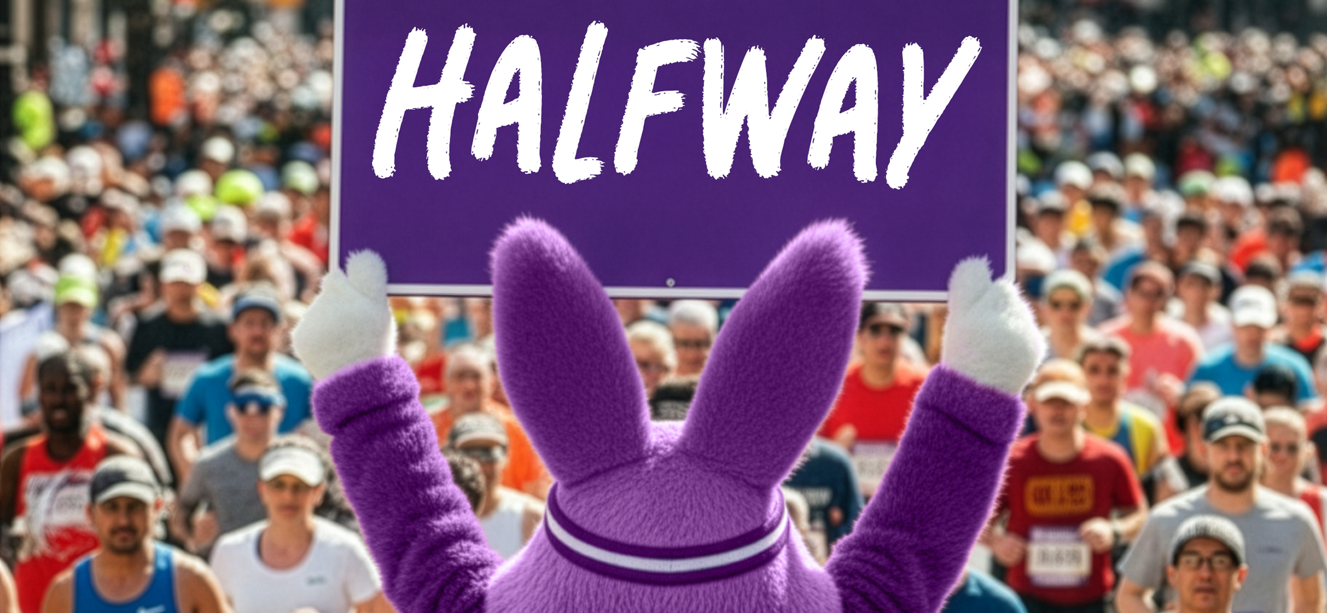 Purple rabbit holding a banner with "Halfway" text.