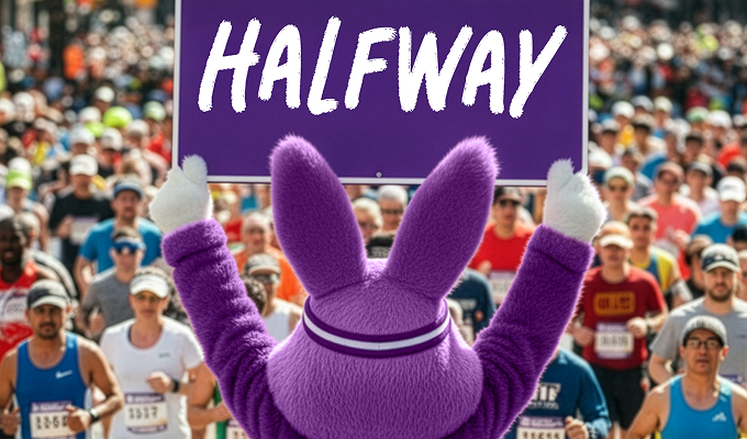 Purple rabbit holding a banner with "Halfway" text.