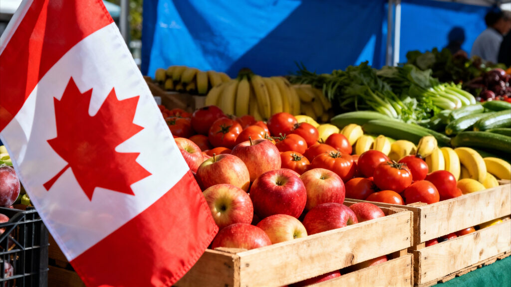 A display of fresh Canadian produce, including apples, tomatoes, bananas, and leafy greens, at an outdoor farmers’ market with a Canadian flag in the foreground.