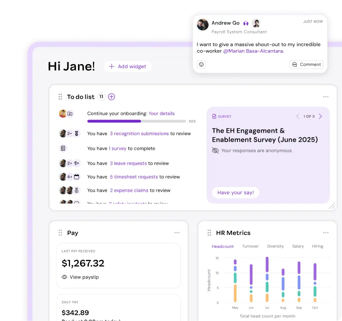 A digital HR dashboard titled "Hi Jane!" featuring a to-do list, pay information showing $1,267.32, and an HR metrics bar chart.