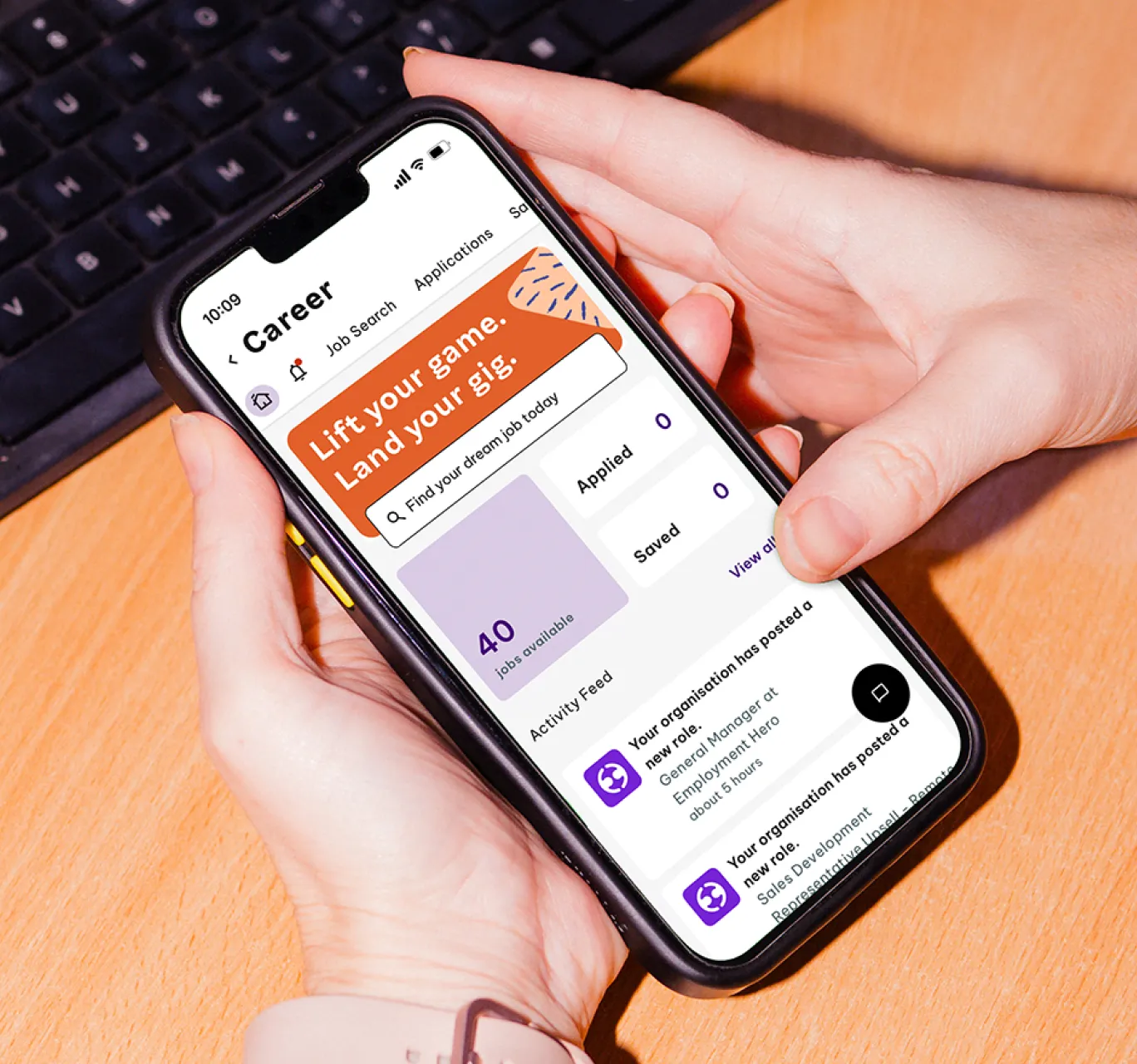 Smartphone screen showing job search app with banner, stats, and recent job postings