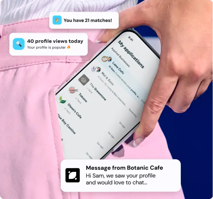 Smartphone showing job application list and engagement notifications in mobile app