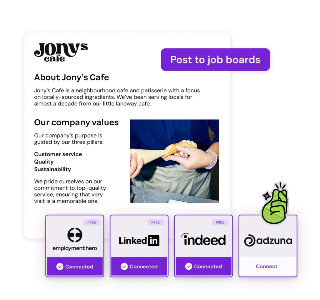 Promotional graphic for Jony’s Cafe highlighting values and connected job posting platforms