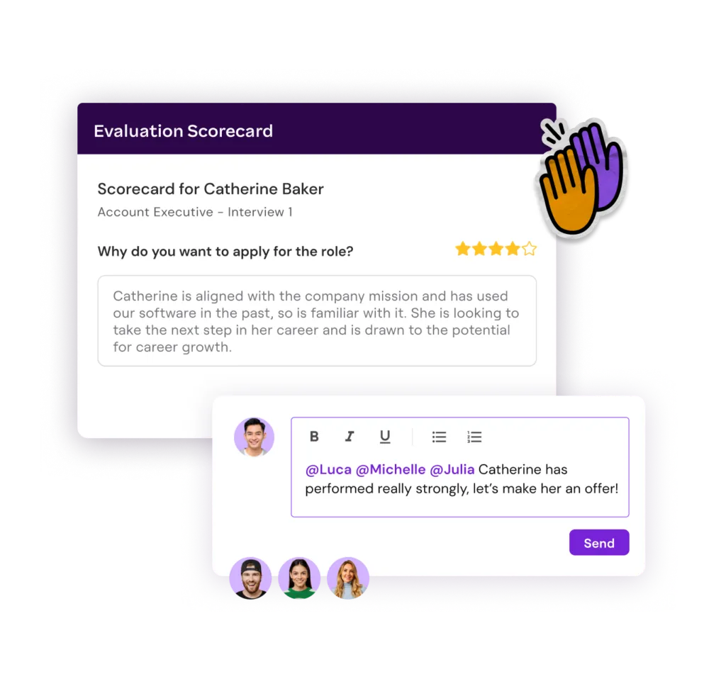 Interview scorecard for Catherine Baker with response rating and team comment suggesting job offer