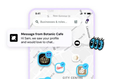 Smartphone screen showing map with business icons and message from Botanic Cafe