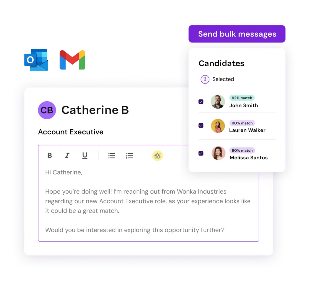 Recruitment tool showing bulk email draft to candidates with match scores and message preview