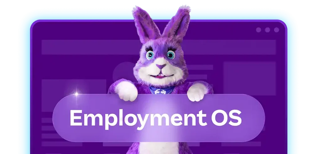 A cheerful purple rabbit holds a glowing sign with "Employment OS" text. The background features abstract shapes in a digital interface style.
