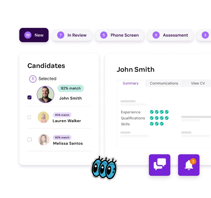 Recruitment dashboard showing candidate match scores, review stages, and profile summary for John Smith