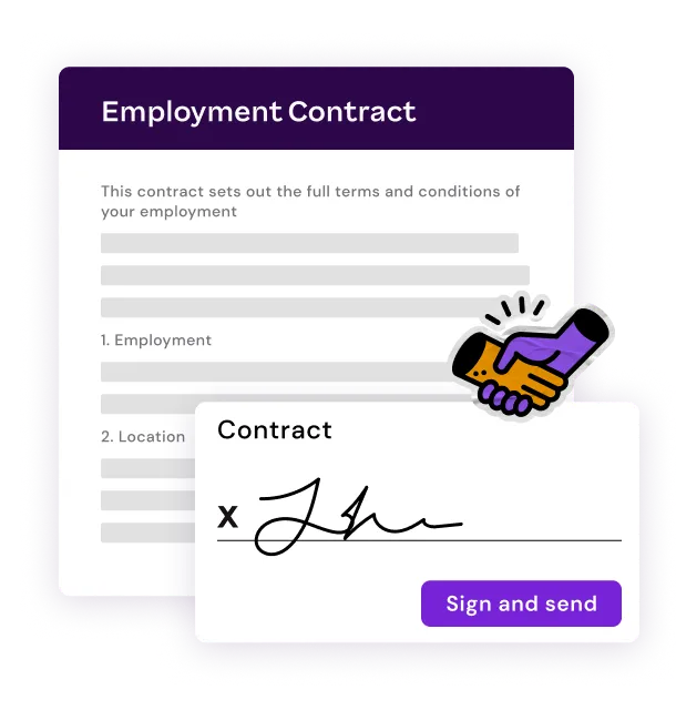 Stylized employment contract with handshake graphic and sign-and-send button