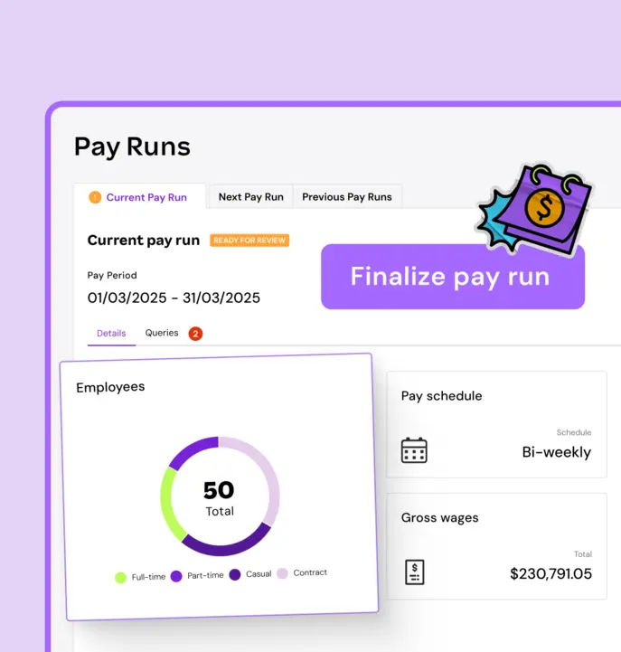 Payroll dashboard showing pay run status, employee breakdown, and gross wages