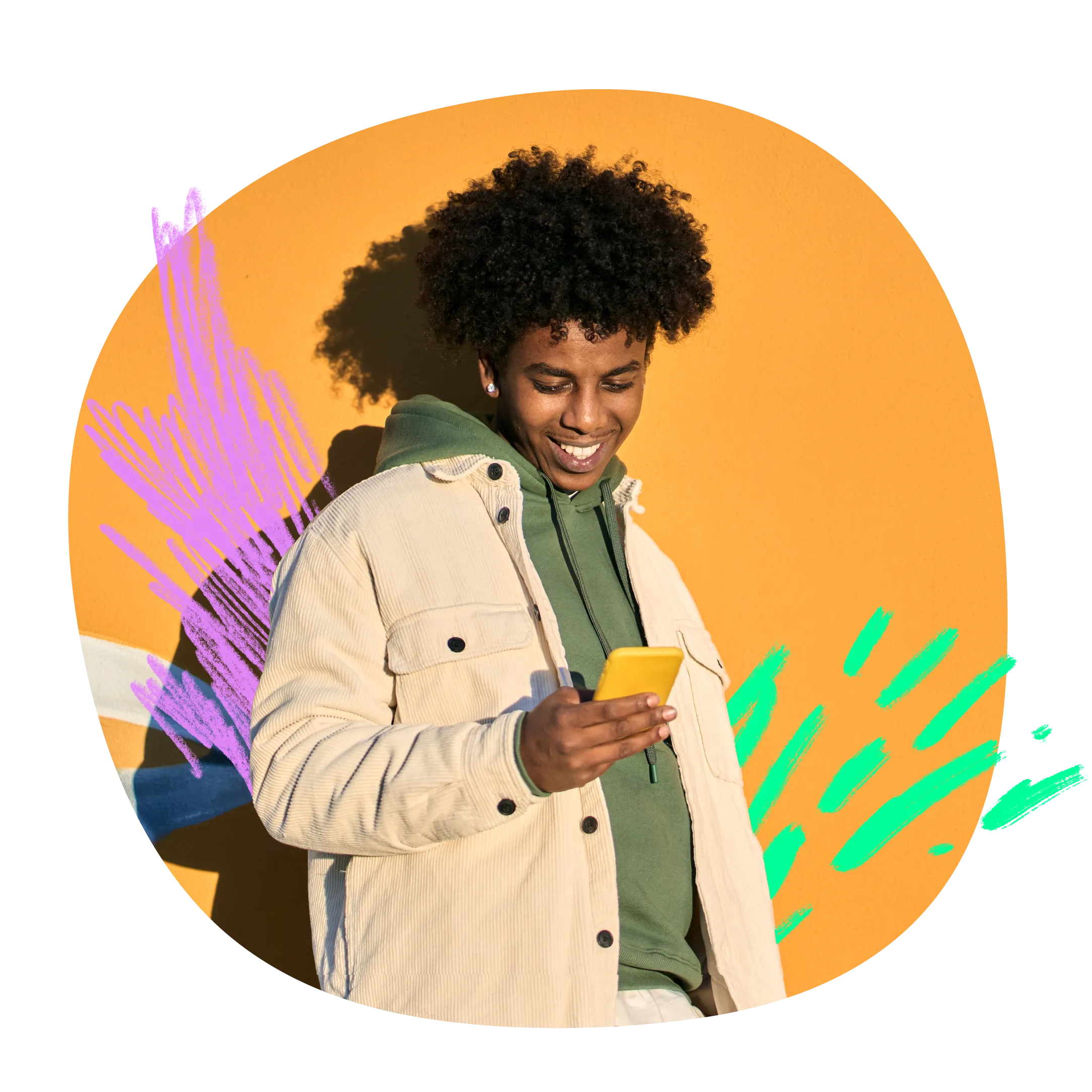 A smiling young man looks at his phone while standing against a colorful orange wall with artistic purple and teal brushstroke accents.