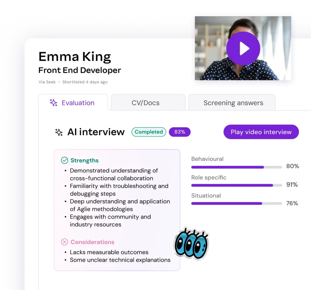 Candidate profile showing AI interview evaluation for Front End Developer with strengths and considerations