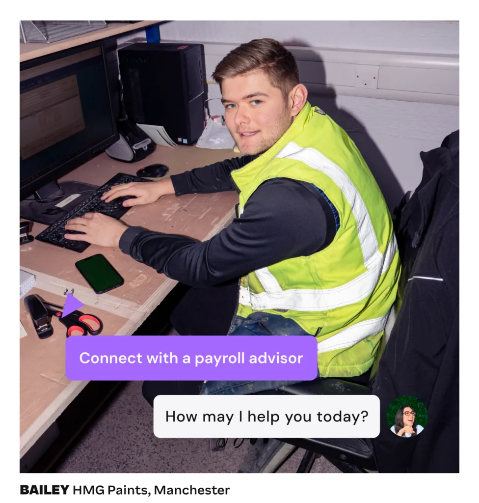Office worker in safety vest at desk with payroll software and advisor chat overlay