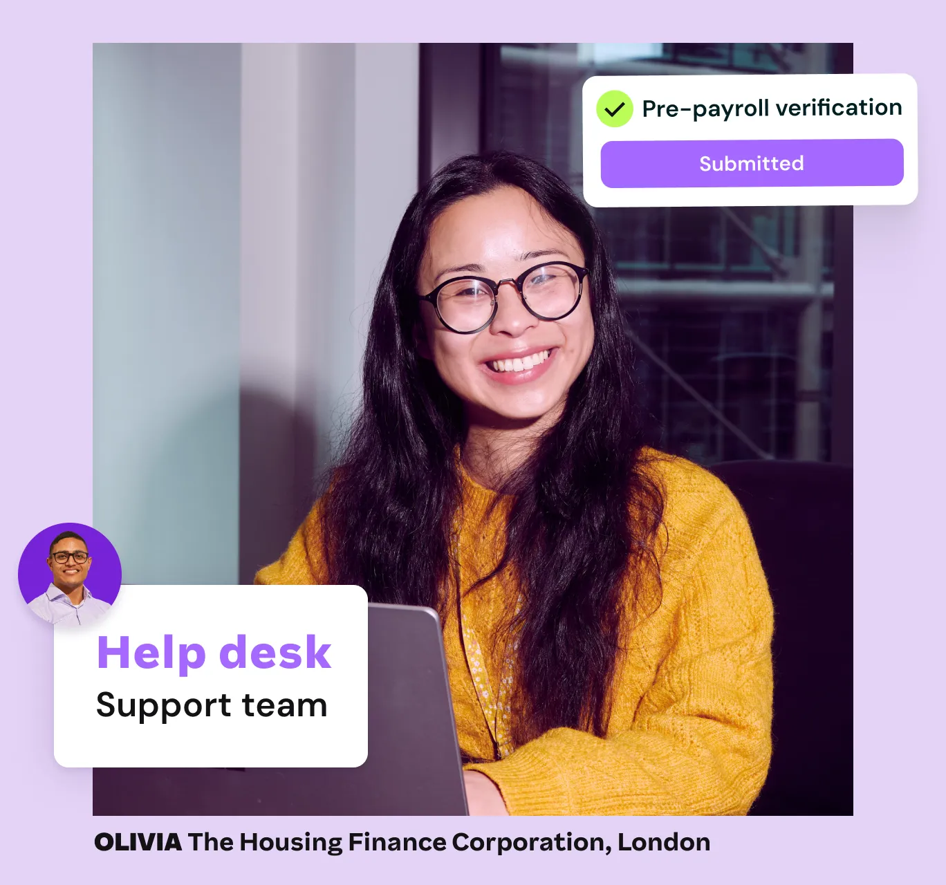 Woman in mustard sweater at laptop with help desk and pre-payroll verification status overlay