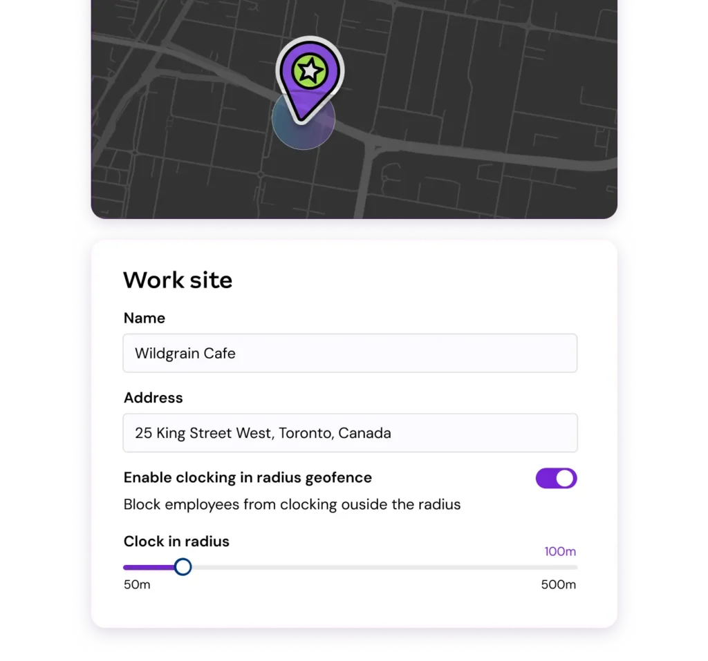 Map interface showing a pinned location labeled "Wildgrain Cafe" with address and geofencing settings. The clock-in radius slider is set to 50m.