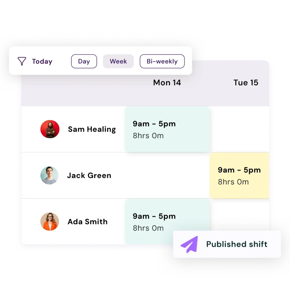 A digital HR interface showing employee shift schedules for Sam Healing, Jack Green, and Ada Smith.