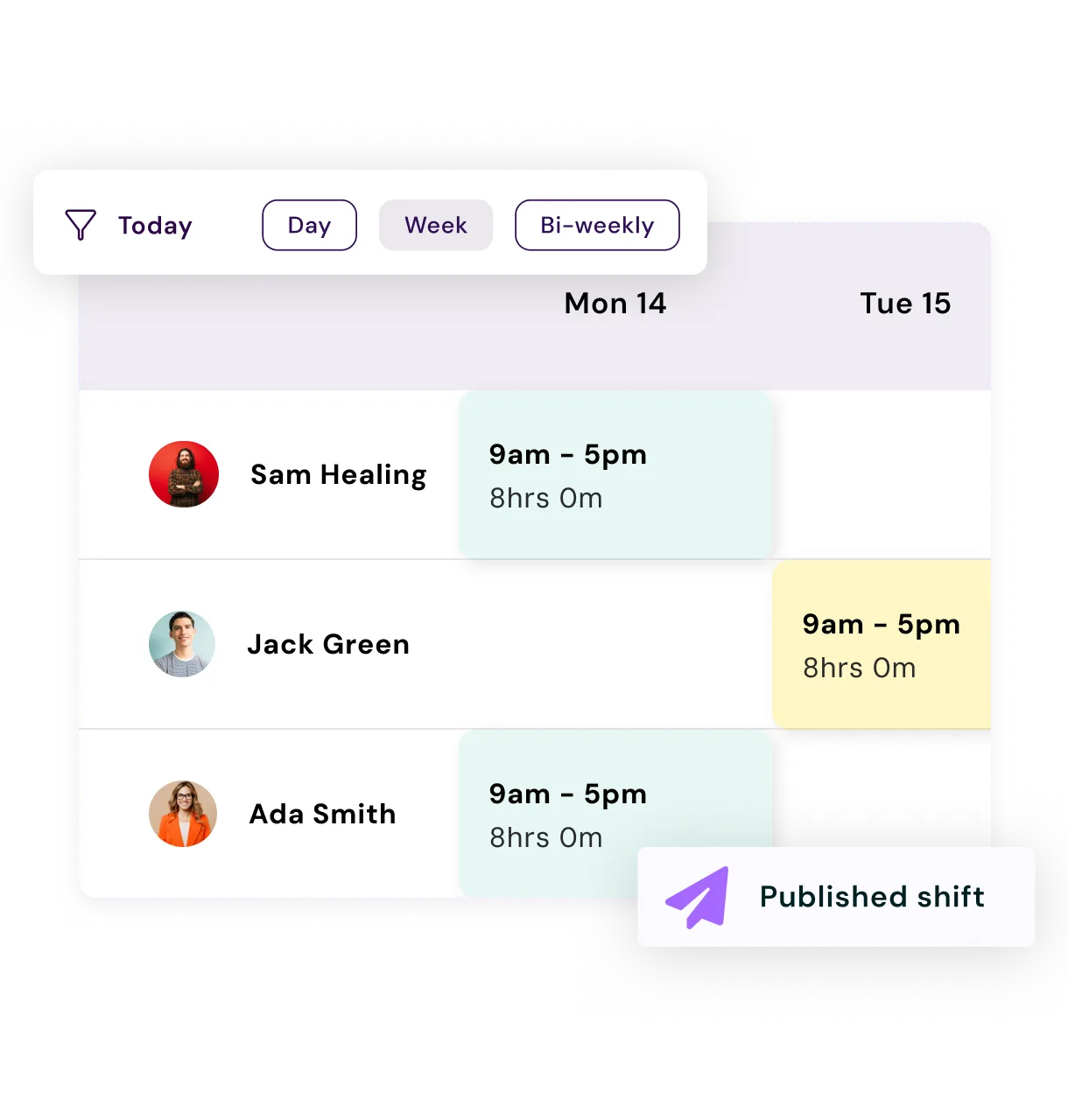 A digital HR interface showing employee shift schedules for Sam Healing, Jack Green, and Ada Smith.