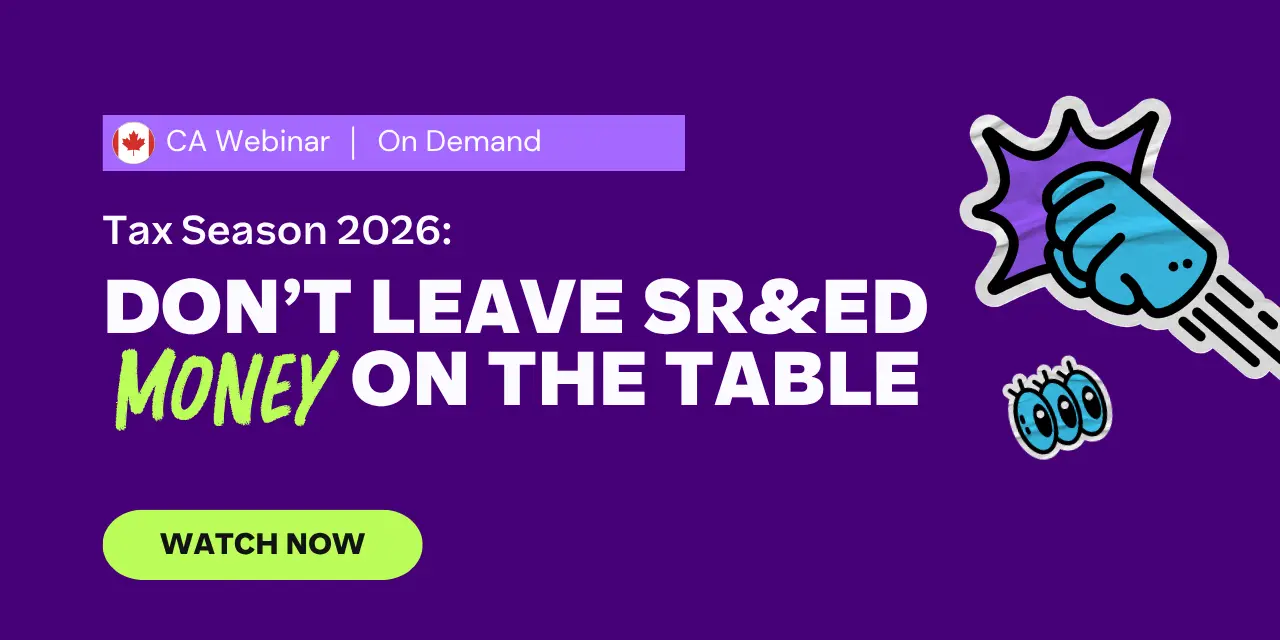 Purple background with "Tax Season 2026: Don't Leave SR&ED Money on the Table." Features a cartoon fist and "Watch Now" button for a Canadian webinar.
