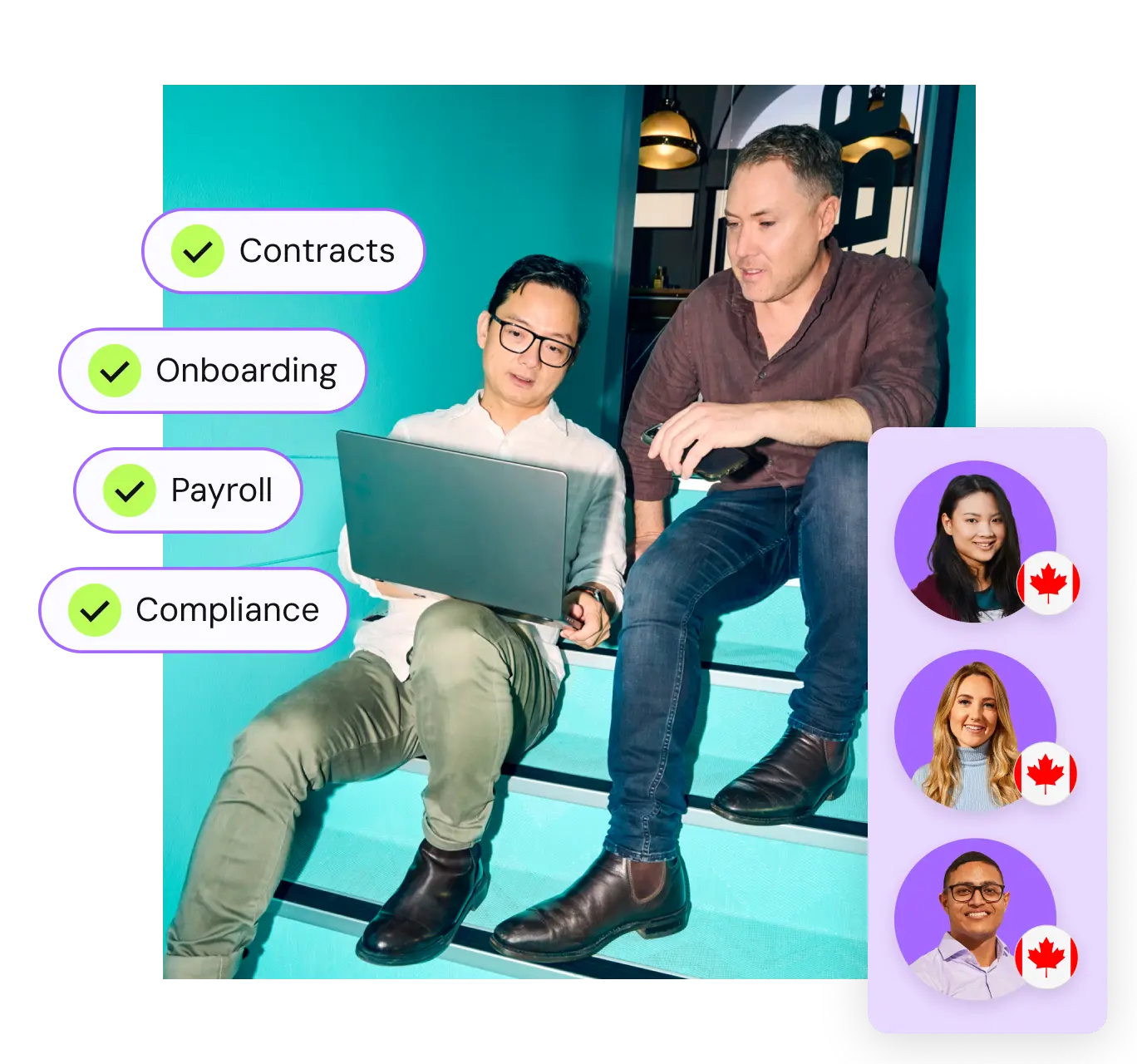 Two men sit on steps, one holding a laptop. Keywords like "Contracts" and "Onboarding" with green check marks float nearby. Profiles of three people with Canada flag icons are on the right.