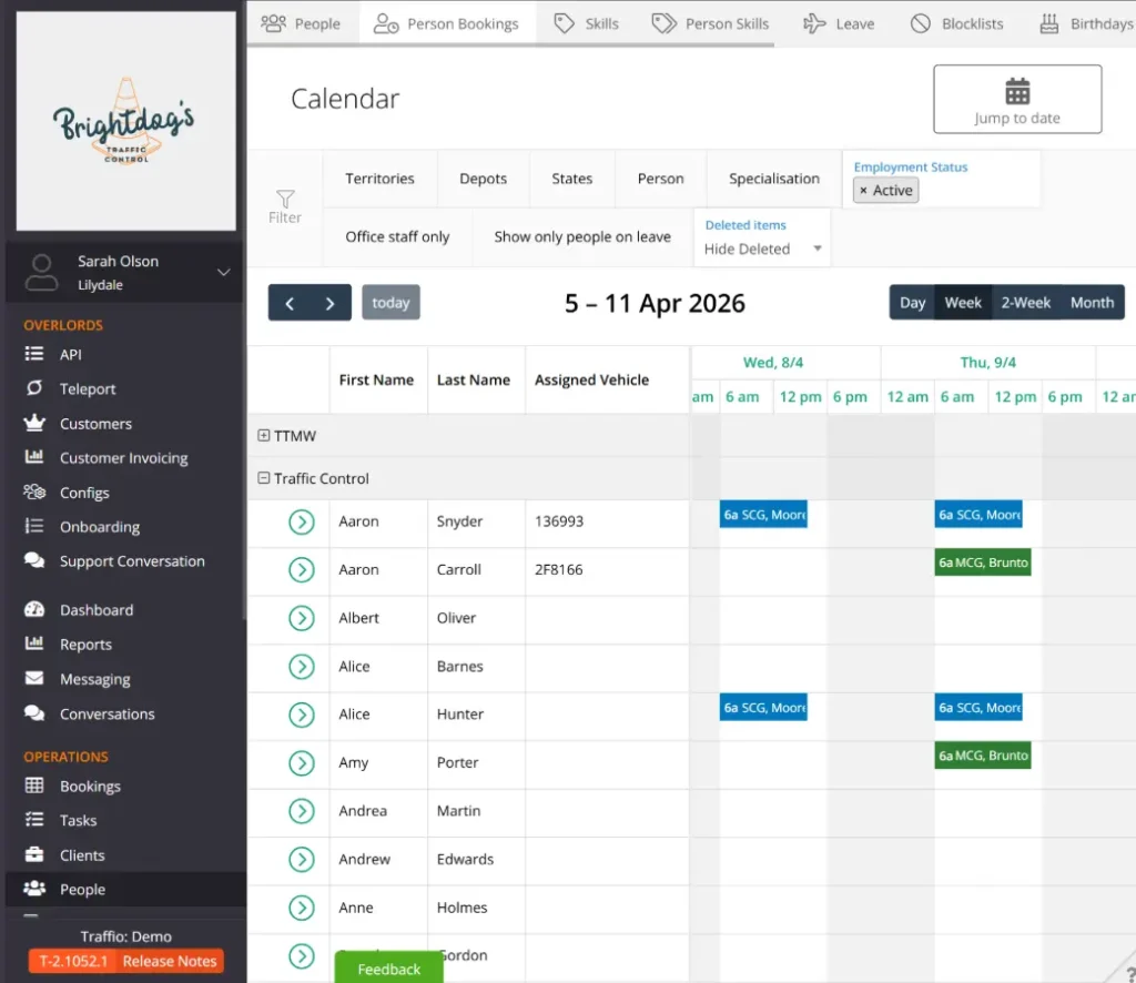 A scheduling dashboard displays employee calendar details for April 5-11, 2026. The left sidebar lists menu options. The main section shows names, vehicles, and work shifts in a grid.