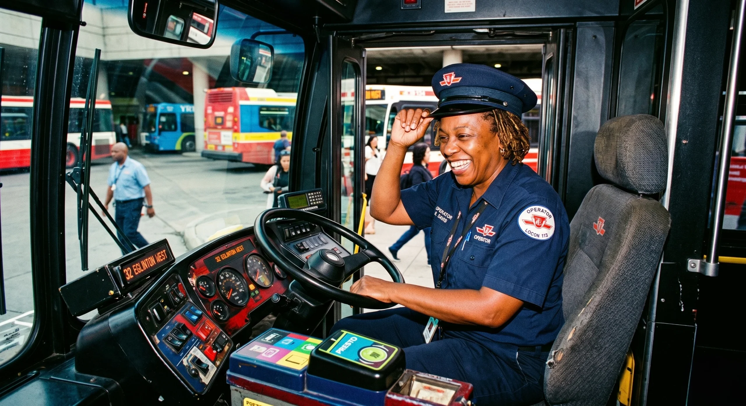 A woman in a uniform confidently driving a bus on a city street.