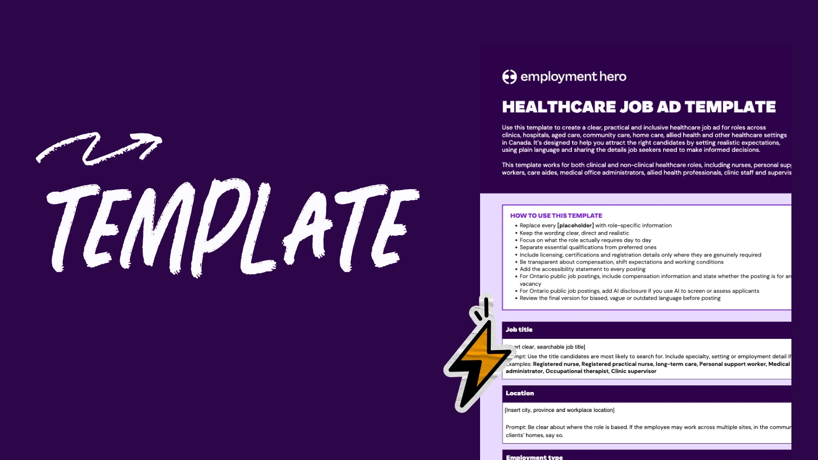 Healthcare job ad template on a purple background with the word 'Template' in bold white letters. Includes sections for job title, location, and employment type. A lightning bolt icon adds emphasis.